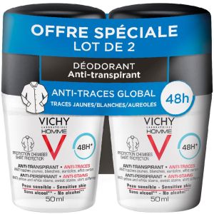 LOT*2 Vichy Homme Déodorant Bille 48H Anti-Transpirant Anti-Traces Protection Chemise 2 x 50 ml
