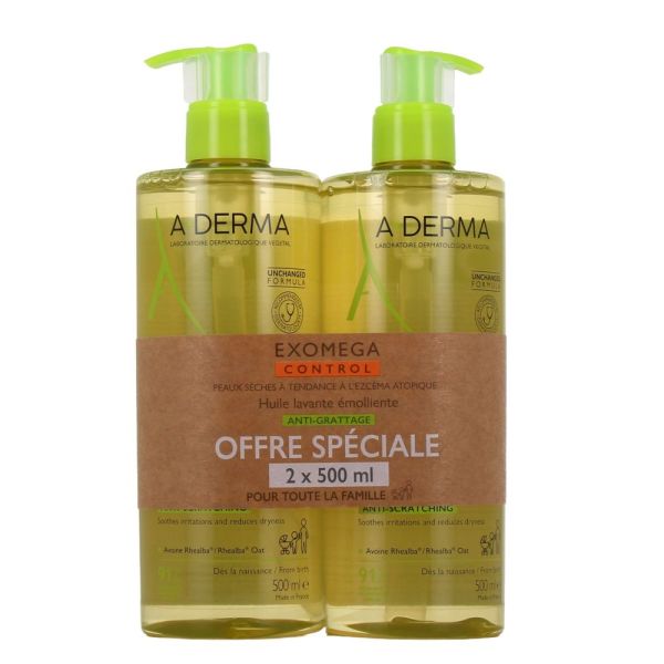 A-DERMA Exomega Huile Lavante Émolliente Anti-Grattage 2 x 500 ml