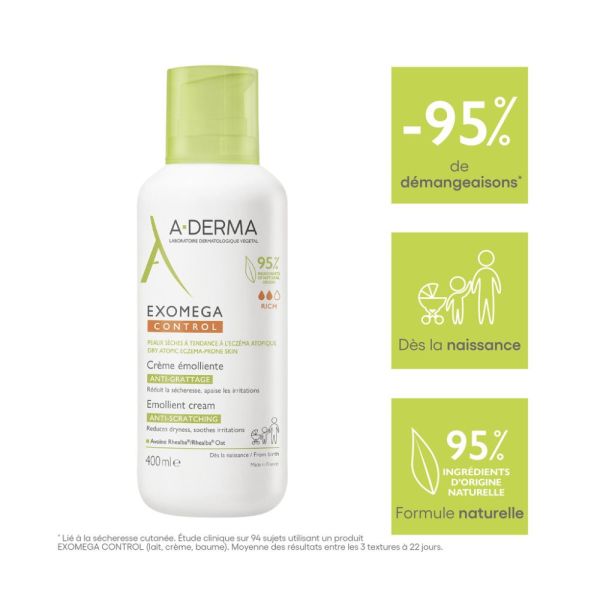 Exomega Control Crème émolliente anti-démangeaisons Peaux sèches à tendance à l'eczéma atopique 400 ml